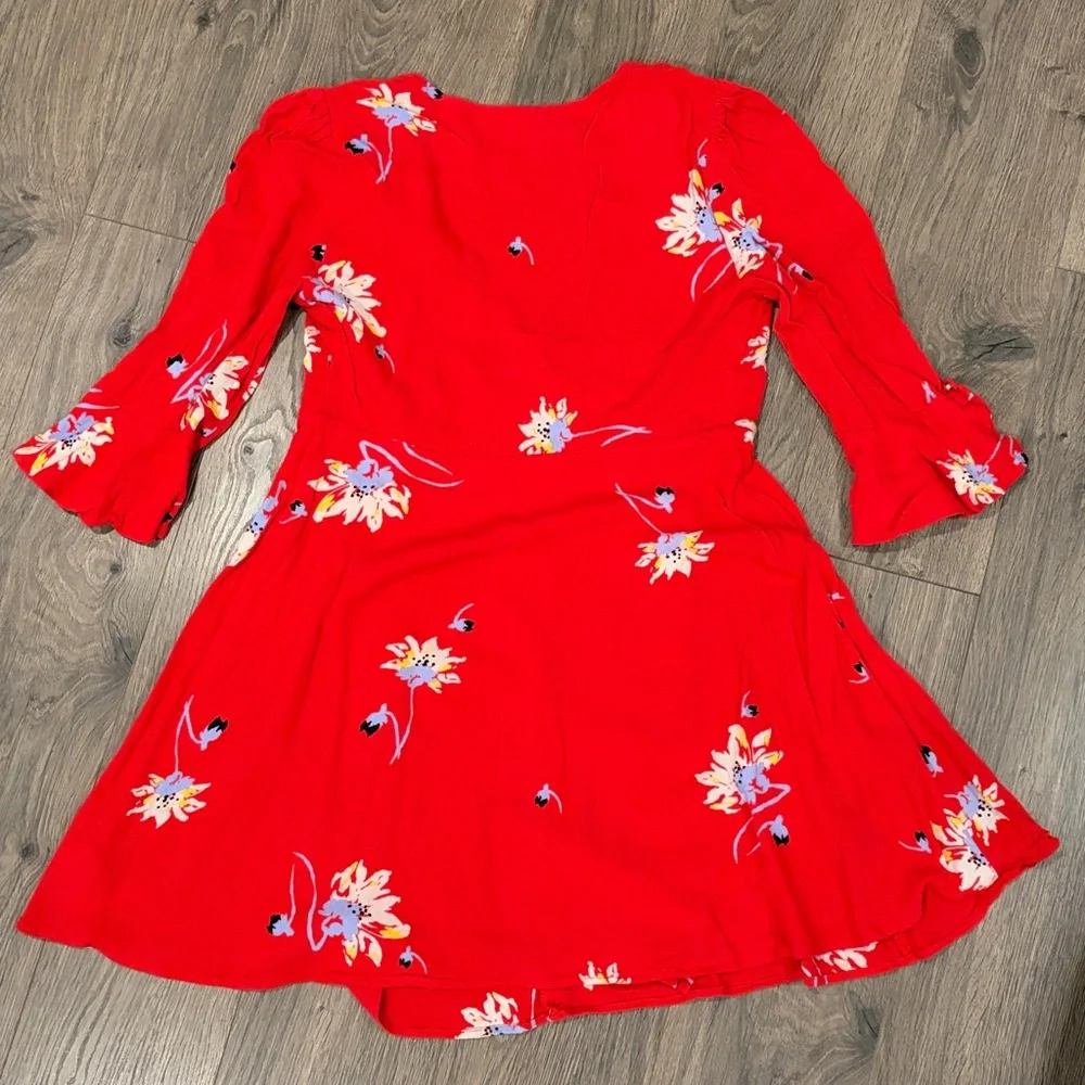 Free People Time On My Side Red Floral Print Wrap Dress - Size Small    dresses - Picture 3 of 9